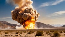 Large Explosion With A Huge Fireball Kicking Up Smoke And Debris In A Desert Landscape