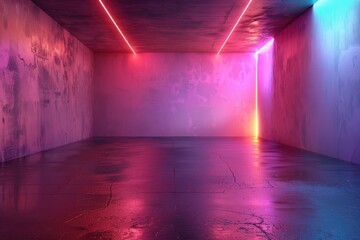 Wall Mural - An empty underground blue room with bare walls and lighting with empty space