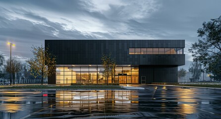 Wall Mural - a building with a lot of windows and a rain puddle in front of it at night time