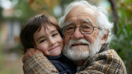 Wall Mural - a little girl hugging an older man in a park setting with a tree in the background