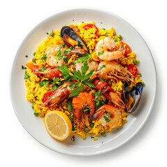 Canvas Print - A plate of Spanish paella with seafood and saffron rice isolated on white 