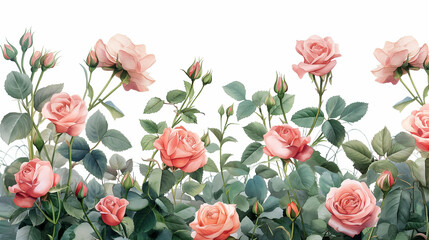 Wall Mural - A row of pink roses with green leaves