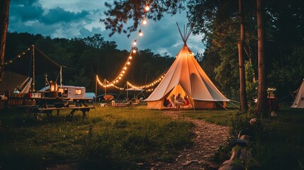 a tent with lights hanging from it's sides in a forest at night