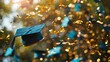 a graduation cap is flying through the air with confetti