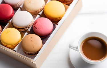 Wall Mural - colorful macarons in white box and coffee cup on white wooden ta