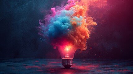 Poster - Light bulb with colorful smoke explosion on dark background