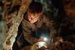 Young Boy Exploring a Cave with Flashlight at Night