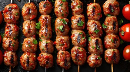 Sticker -  Several skewers of meat, covered in marinara sauce, cherry tomatoes and parsley, on a black surface