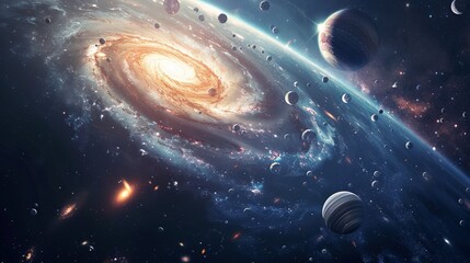 Planets of the solar system against the background of a spiral galaxy in space. national asteroid day