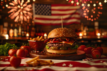 Wall Mural - Burgers on a wooden board in pub, barbecue with American flag, beer and fireworks in the background. 4 July independence day celebration happy hours and sales.