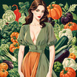 Young beautiful woman in a green dress posing among vegetables and plants. Generative AI