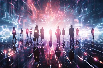 A group of business people standing on a digital platform, surrounded by glowing light beams and data streams abstract representation of the internet or tech world Generative AI