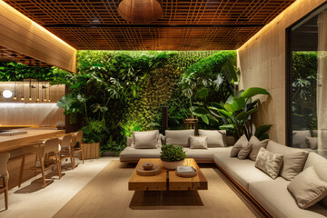 Wall Mural - Living room in nature colors walls with lighting, wooden furniture and plants