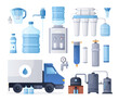 Water purification. Vector set of water delivery bottles, truck, system of filters valve, tanks and pipes, aqua mineral filtration, household equipment. Business logistic industry. Delivery service