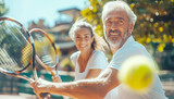 Fototapeta  - Happy middle aged couple playing tennis in doubles during sunny day on outdoor tennis court. Actvive people, happy retirement and relationship concept image.