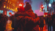 Couple Hugs Lovingly Amid a Nighttime City Protest