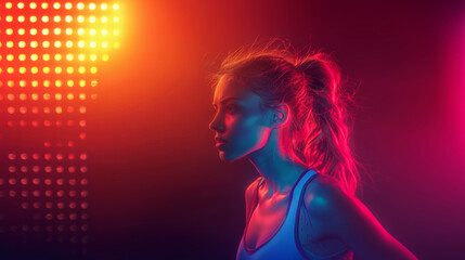 Aufkleber - A woman standing in front of bright, vibrant colorful lights, creating a striking visual contrast.