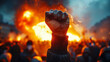 Fiery Protest Scene With Raised Fist Among Crowd