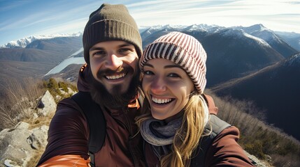 Wall Mural - cheerful couple taking selfie photo standing on mountains.