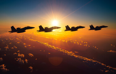 Four fighter jets flying in the sky at sunset