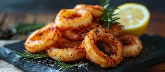 Wall Mural - onion ring with lemon and rosemary on plate black background