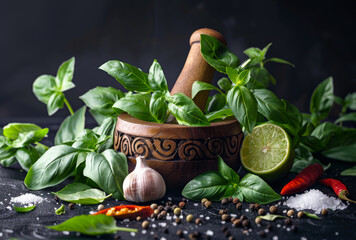 Wall Mural - Fresh green basil in mortar and pestle red hot chili peppers garlic lime and coarse salt on black background