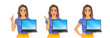 Beautiful business woman wearing bright clothes showing blank screen laptop computer different posing isolated vector illustration