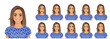 Young beautiful woman different facial expressions set isolated vector illustration