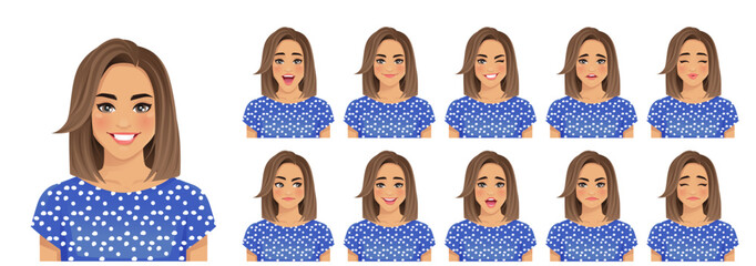 Wall Mural - Young beautiful woman different facial expressions set isolated vector illustration
