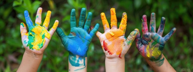 children's hands in paint close-up. selective focus