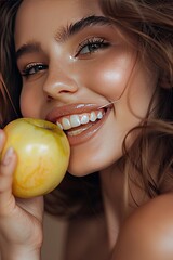 Wall Mural - close-up of a woman eating an apple. selective focus