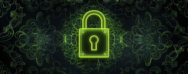 Aufkleber - Neon green padlock on a black background with abstract floral patterns