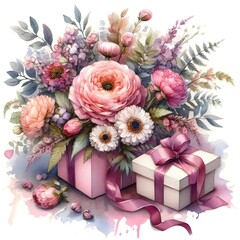 Wall Mural - A lovely arrangement of flowers next to a gift box, great for special occasions