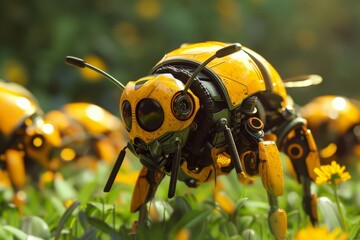 Poster - A highly detailed robotic bee modeled with vibrant yellow and black colors collecting pollen among flowers