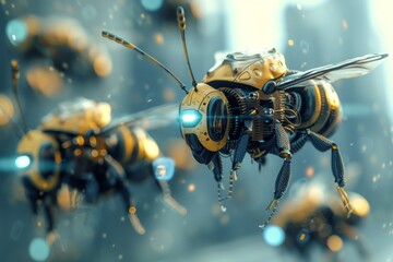 Aufkleber - A conceptual image showing a swarm of metallic robotic bees with intricate details and blue light elements