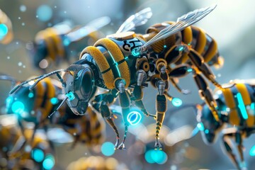 Poster - This image captures a close-up of advanced mechanical bees with a focus on their high-tech components and design