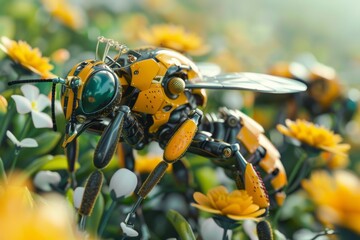 Poster - An artistic representation of a mechanical bee interacting with natural flowers, highlighting the blend of technology and nature