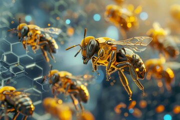 Aufkleber - Visually captivating digital art piece showing futuristic robot bees against a detailed hexagonal background