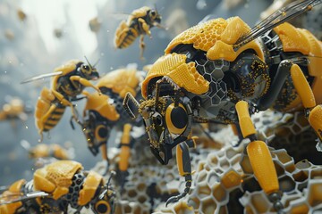 Poster - Detailed view of robotic bees on hexagonal honeycombs with focus on the interaction and design