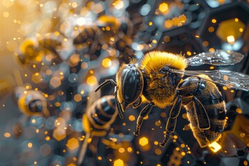 Poster - A striking composition focusing on a cybernetic bee with glowing orange elements amid a swarm