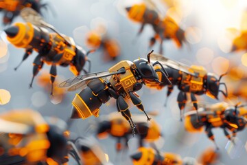 Poster - This image presents a swarm of futuristic bees with intricate orange circuit patterns on their bodies amidst a soft focus background