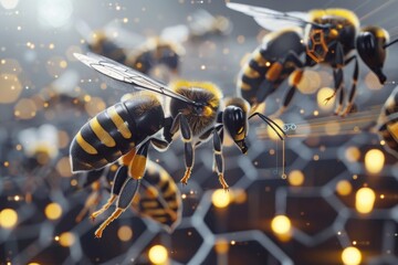 Poster - A mechanical bee with a visible blueprint design on its body against a hexagonal patterned background