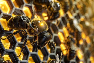 Aufkleber - A highly detailed image of a cybernetic bee perched atop a golden, hexagonal structure, evoking a sense of advanced technology