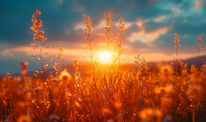 Wild grass in the rays of the rising sun. A grasses in field with sun setting over them
