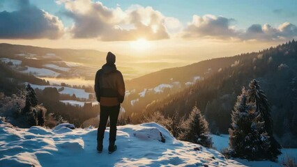 Poster - Man stands on snowy mountain top, looking out at beautiful landscape