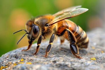 Poster - This macro shot captures the detailed anatomy of a honeybee as it rests on a rock with fine textures, showcasing its wings and vibrant colors