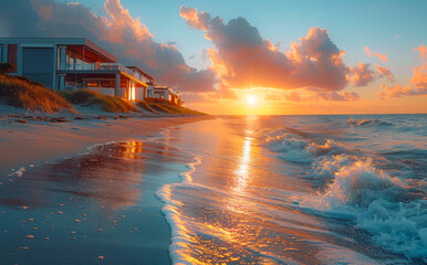 Beach houses and waves at sunset beautiful colorful sky and clouds long exposure no people