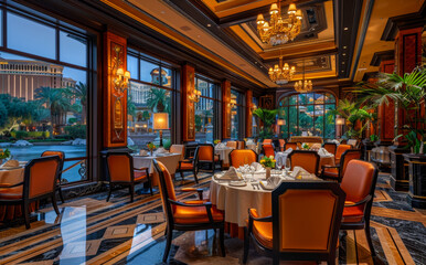 The interior of fancy restaurant with view of the evening city