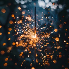 Wall Mural - Golden sparkler firework bursts, creating warm circles of light in the night. A sparkler firework creates bright golden sparks, glowing against the dark night.