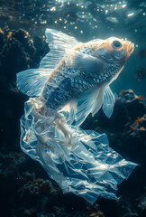 Wall Mural - Fish swims in plastic bag in the ocean. Environmental pollution